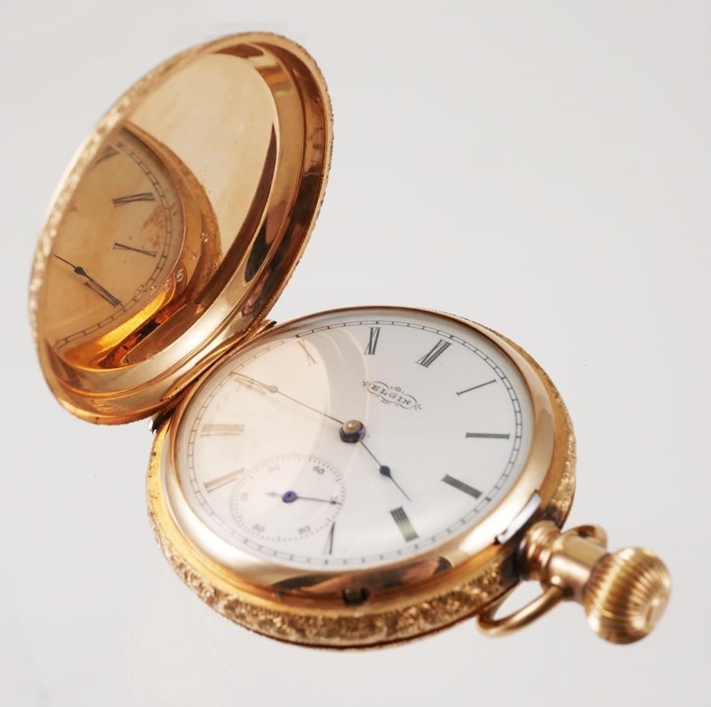 Appraisal: Antique Elgin pocket watch with ornate k gold hunter case