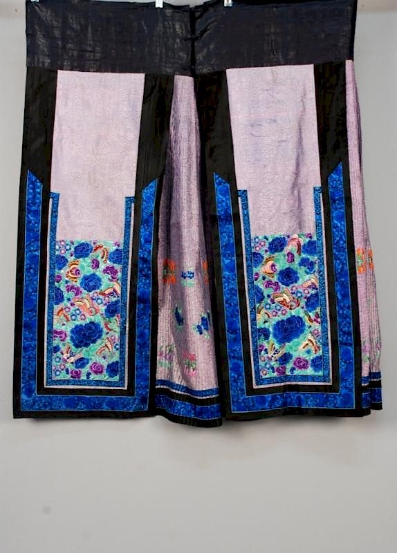 Appraisal: CHINESE SILK EMBROIDERED SKIRT and HARDSTONE BELT EARLY th C