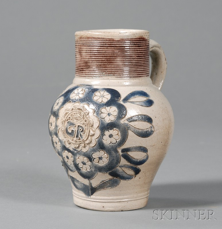 Appraisal: Small Cobalt Decorated Stoneware Jug Germany th century incised cobalt-filled