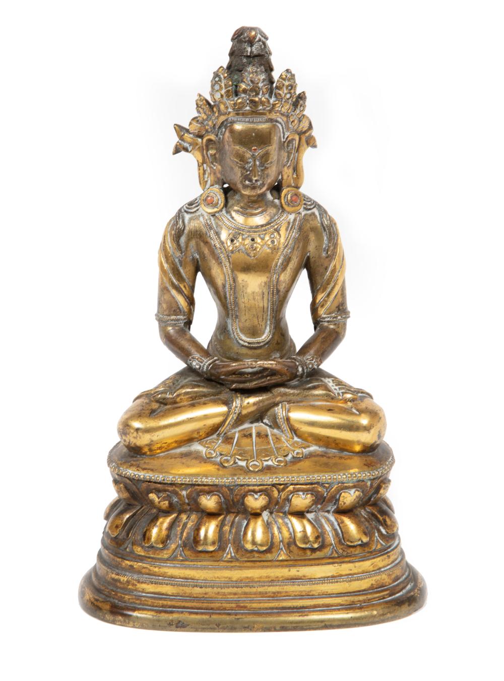 Appraisal: Chinese Hardstone Embellished Gilt Bronze Figure of Amitayus Qing Dynasty