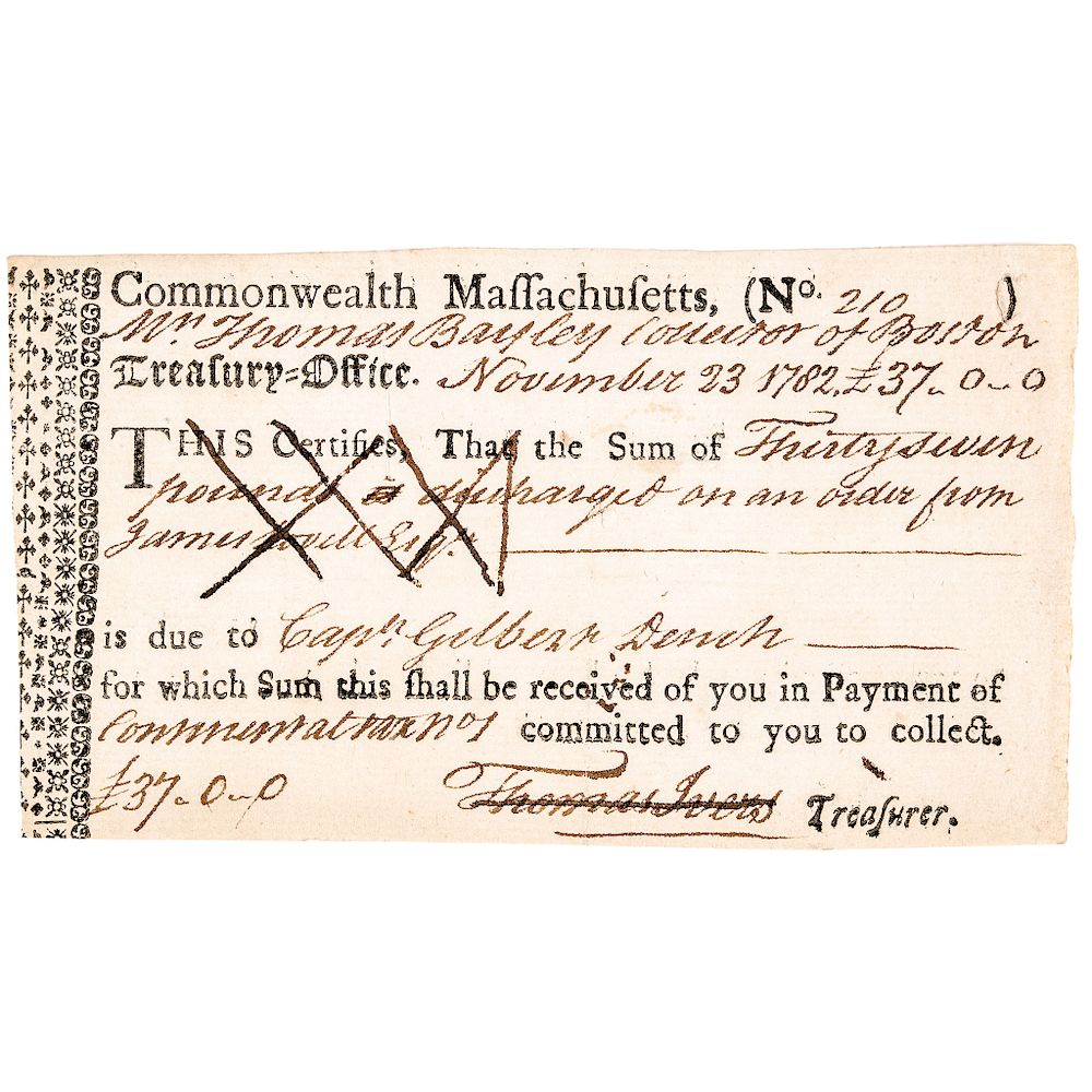 Appraisal: Rare Collector of Boston Massachusetts Treasury Office Form Anderson MA-