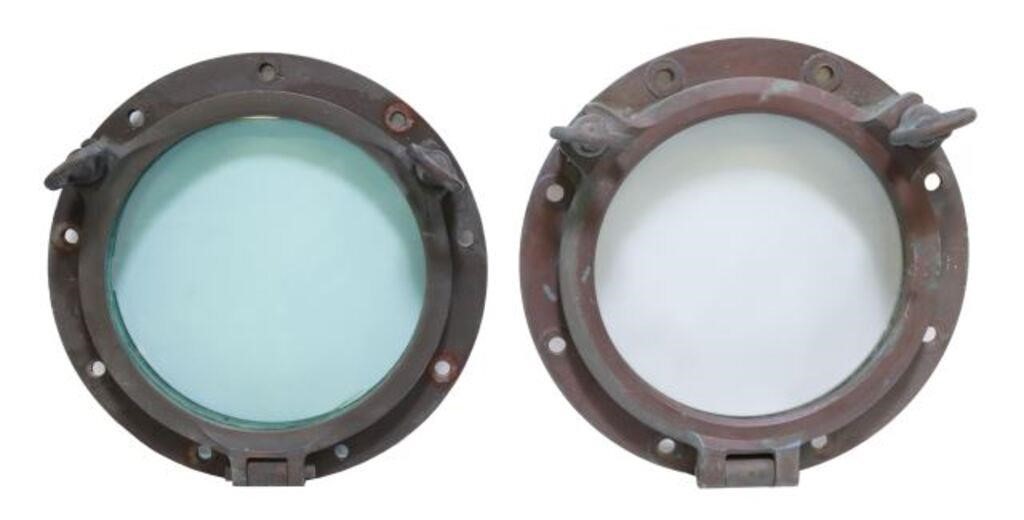 Appraisal: lot of Nautical patinated metal porthole windows with hinged frame