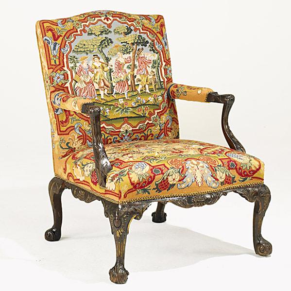 Appraisal: CHIPPENDALE STYLEOpen armchair with carved frame and needlepoint upholstery th