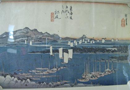 Appraisal: TWO COLOR WOODBLOCK PRINTS RIVER SCENES ANDO HIROSHIGE - each