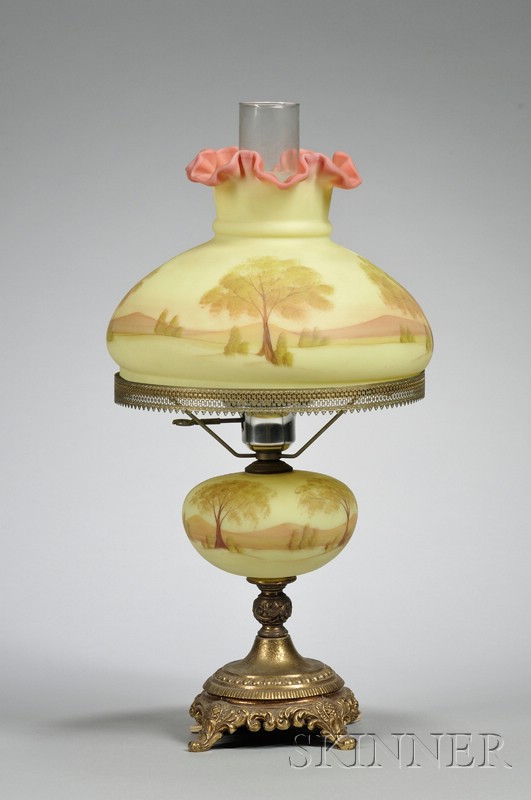 Appraisal: Fenton Hand-painted Landscape Decorated Art Glass and Brass Plated Metal