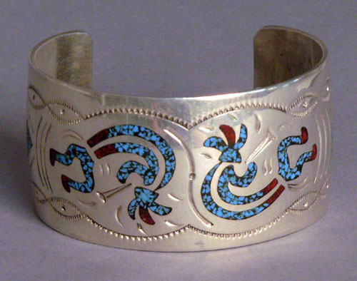 Appraisal: Zuni sterling silver cuff bracelet with turquoise and coral inlay