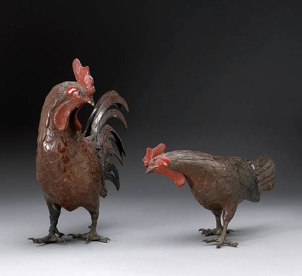 Appraisal: Two bronze figures of birds Taisho Showa Period Realistically cast