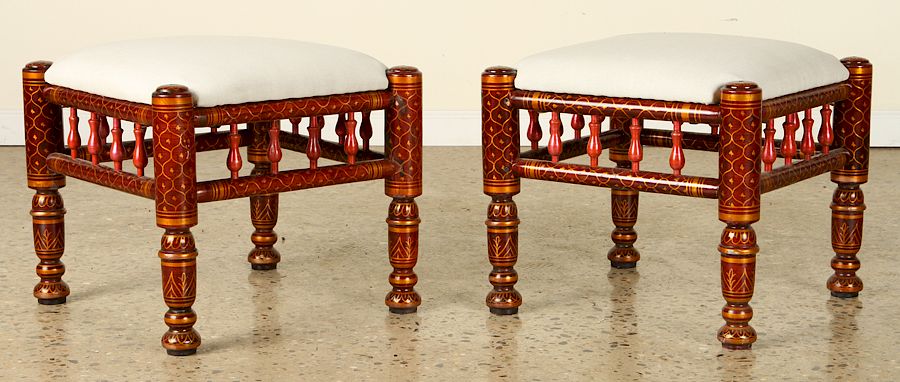 Appraisal: PAIR MOROCCAN PAINTED UPHOLSTERED STOOLS A pair of Moroccan paint