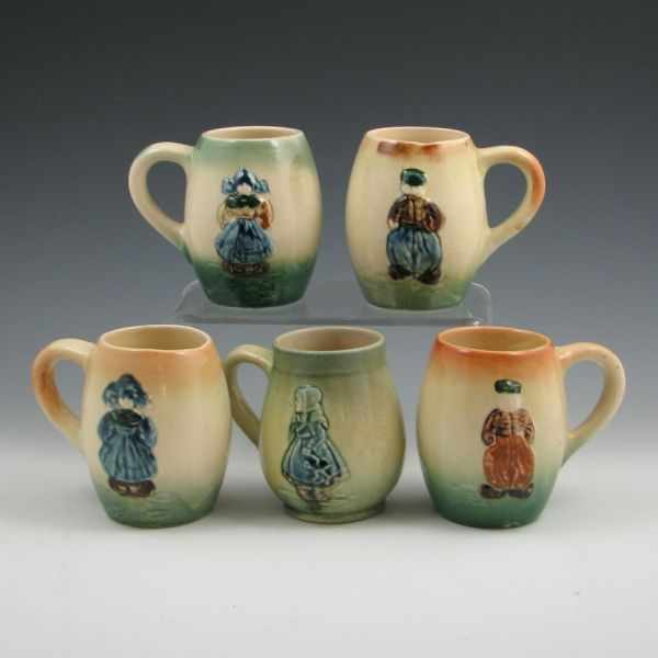 Appraisal: Five Roseville Holland utility ware mugs Unmarked All have a