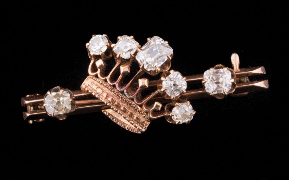 Appraisal: Antique kt Rose Gold and Old Mine Diamond Crown Pin