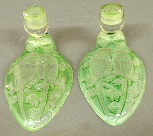 Appraisal: - Rare pair of Consolidated Martele Lovebird green glass candlesticks