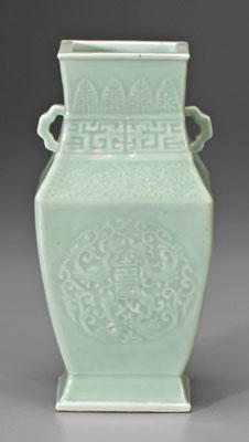 Appraisal: Chinese celadon hu vase quadrilateral with medallions of shou symbols