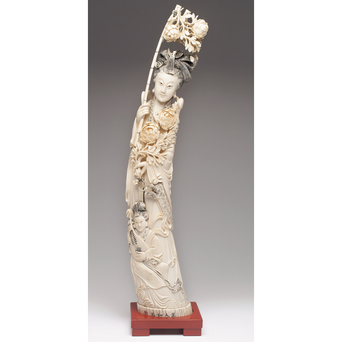 Appraisal: Asian sculpture large intricately carved tusk depicting a goddess and