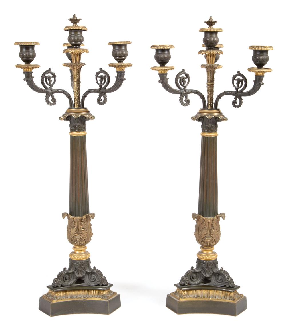 Appraisal: Pair of Charles X-Style Gilt and Patinated Bronze Four-Light Candelabra