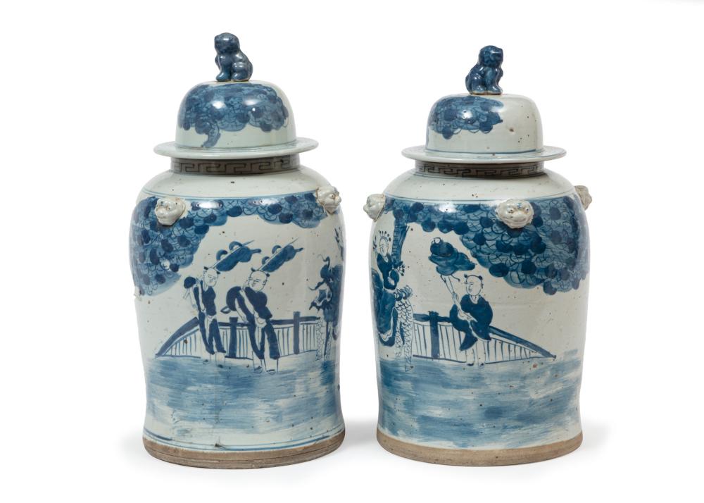 Appraisal: CHINESE BLUE AND WHITE PORCELAIN LIDDED JARSPair of Chinese Blue