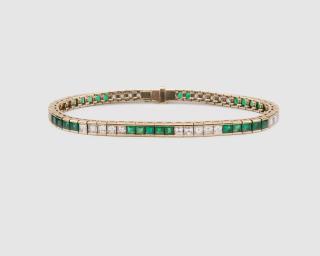 Appraisal: K Yellow Gold Diamond and Emerald Line Bracelet K Yellow