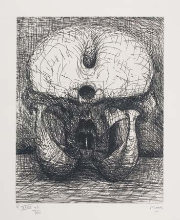 Appraisal: HENRY MOORE Five prints Elephant Skull etching Stonehenge IX Head