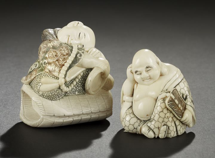 Appraisal: Two Japanese Carved Ivory Statues comprised of a carving of