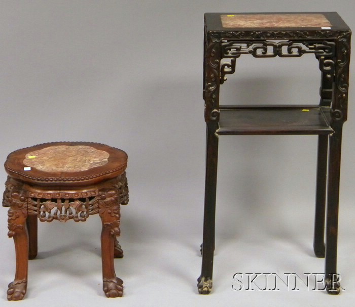 Appraisal: Two Chinese Export Marble-inset Carved Hardwood Stands