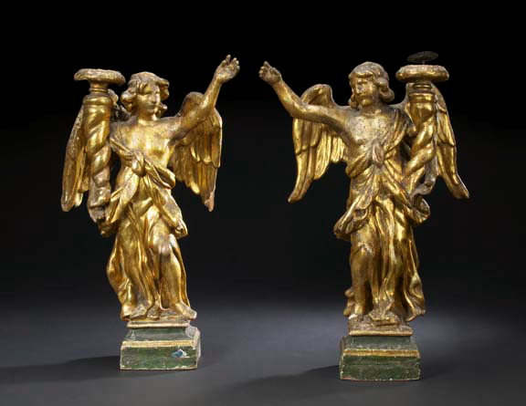 Appraisal: Good Large Pair of Italian Carved Giltwood Figural Pricket Candlesticks