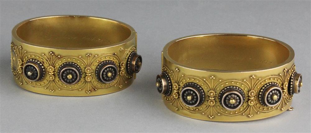 Appraisal: PAIR OF K YELLOW GOLD ETRUSCAN REVIVAL WEDDING BRACELETS ORIGINALLY