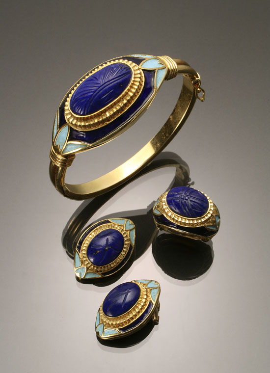 Appraisal: Tested -Karat Yellow-Gold Lapis Lazuli and Enamel Four-Piece Ensemble Consisting