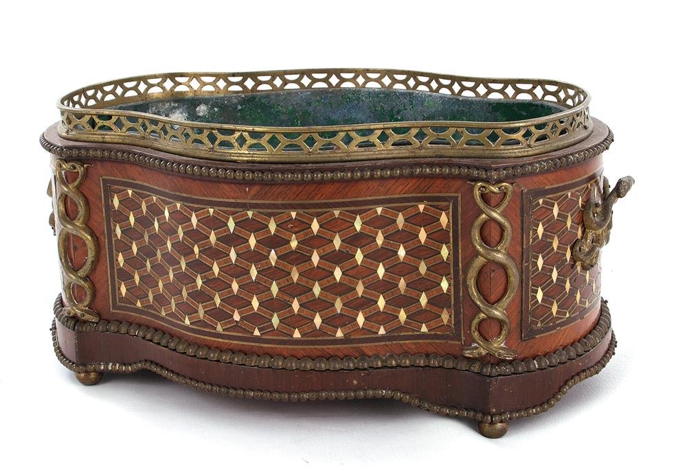 Appraisal: French kingwood and parquetry jardiniere th century serpentine oblong form