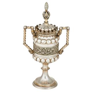 Appraisal: LIDDED SILVER TROPHY CUP Double-handled cup with banded foliate decoration