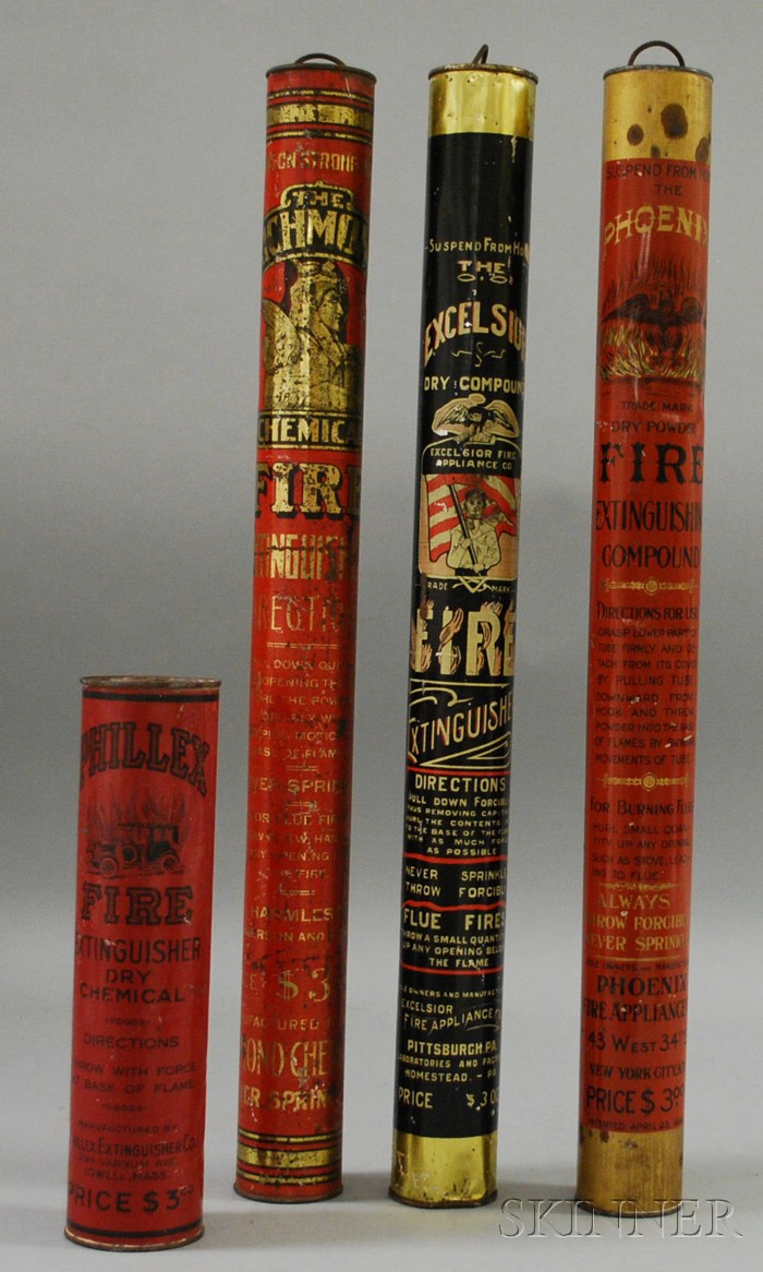 Appraisal: Four Lithographed Tin Fire Extinguisher Cannisters America early th century