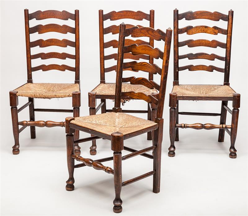 Appraisal: Four English Oak Ladder-Back Side Chairs With rush seats x