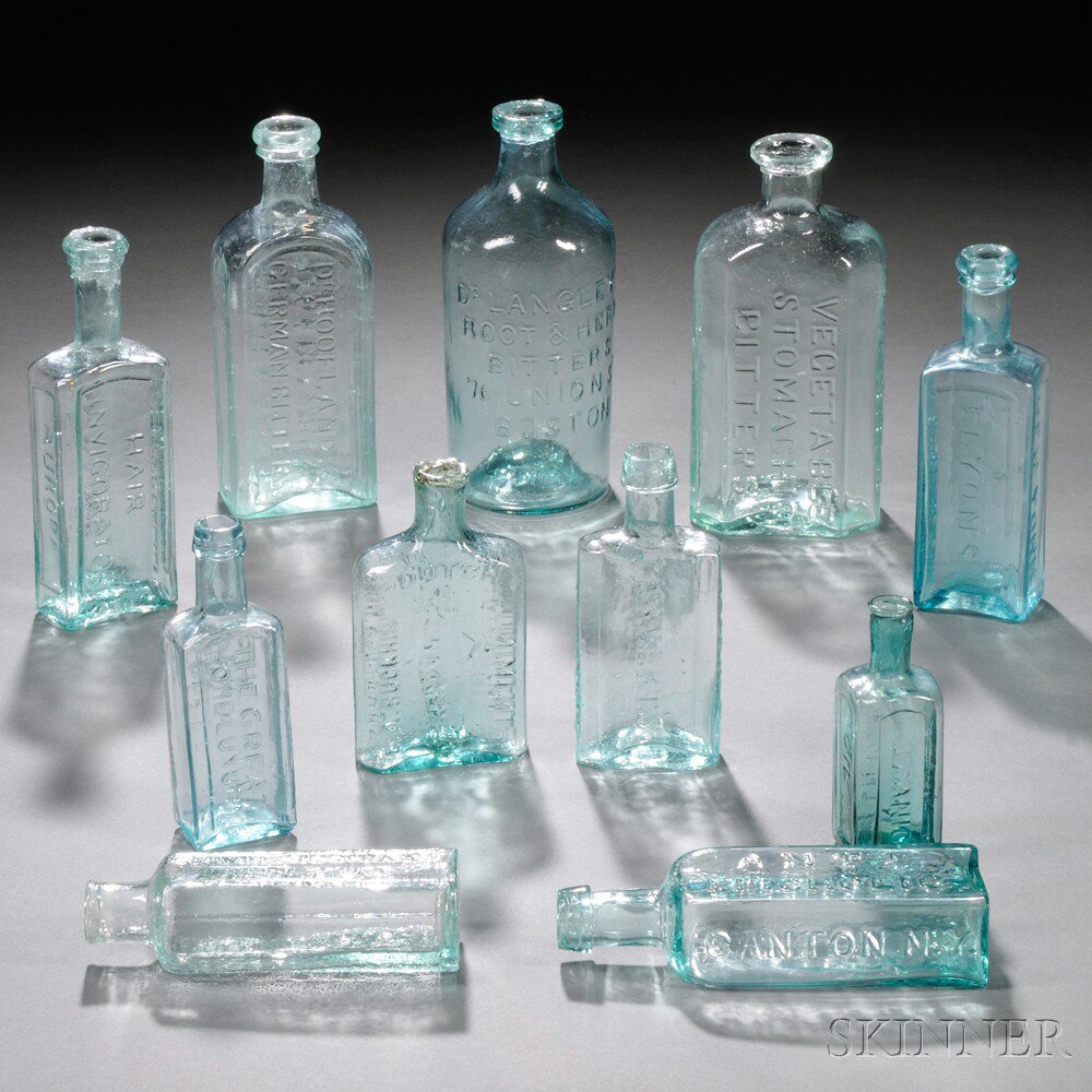 Appraisal: Eleven Aqua Blown-molded Glass Medicine Druggist Bottles America late th