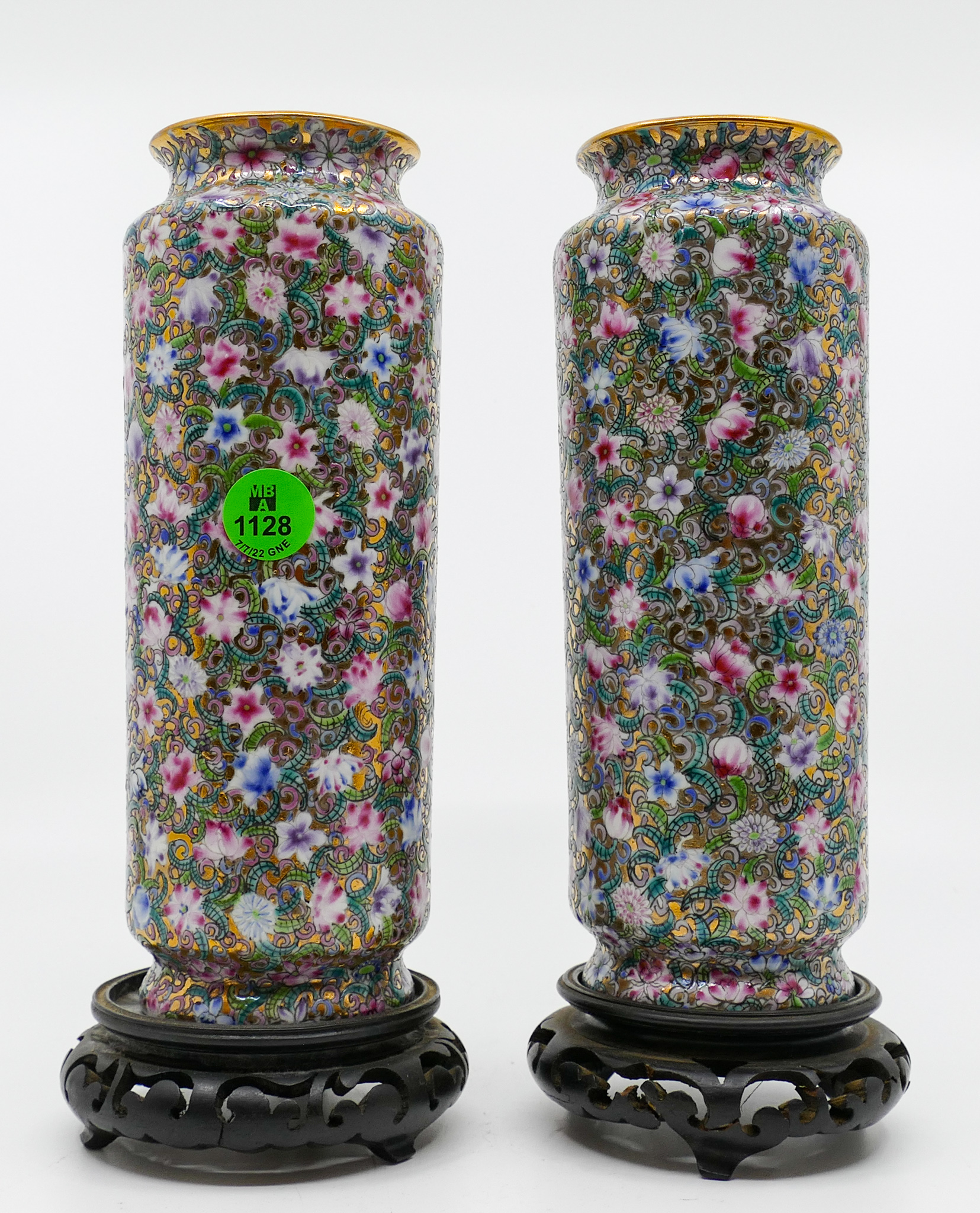 Appraisal: Pair Chinese Republic Gilt Millefleur Cylinder Vases on Stands ''