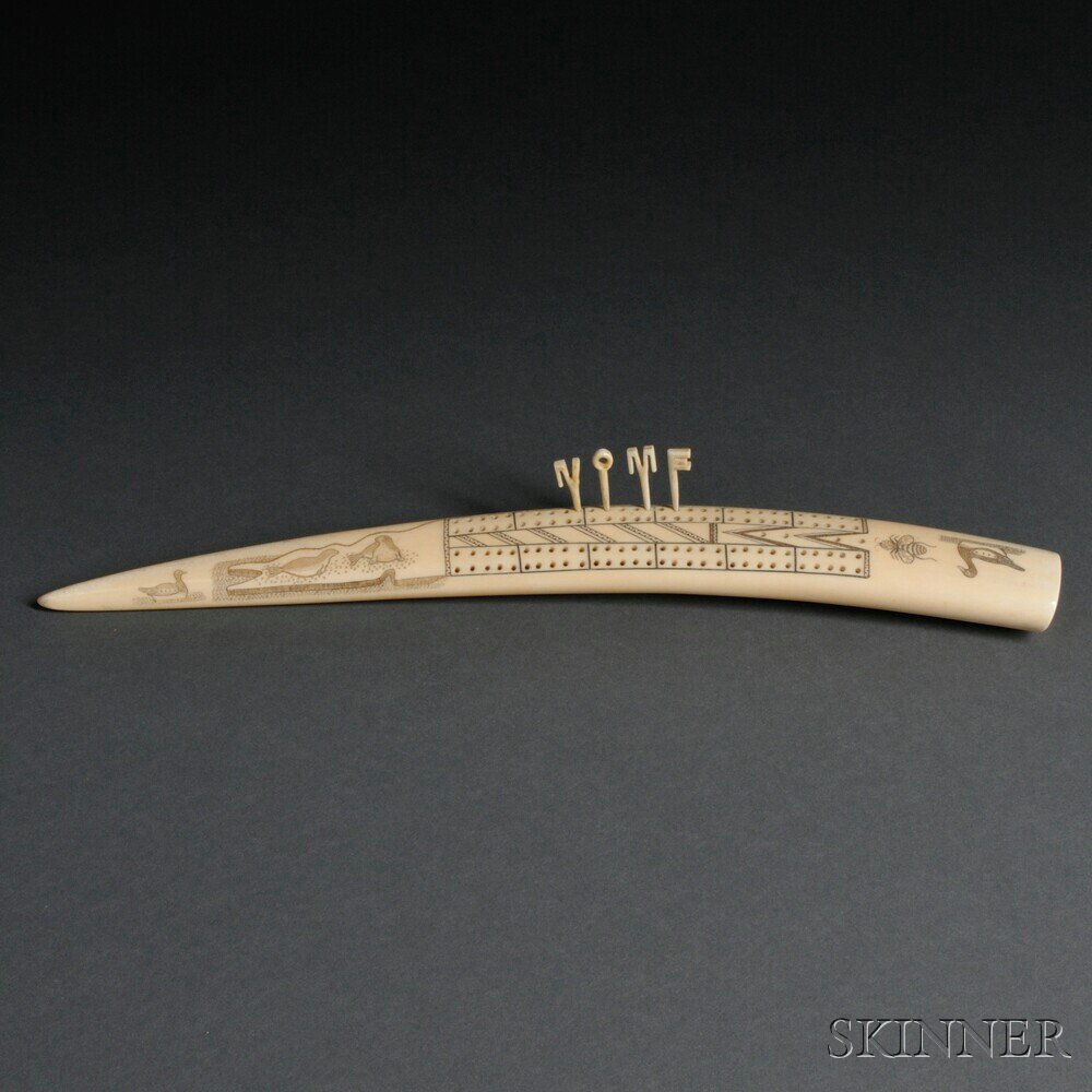 Appraisal: Eskimo Walrus Tusk Scrimshaw Cribbage Board c first quarter th