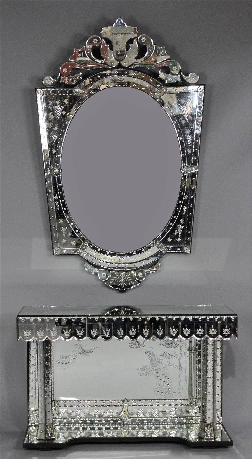 Appraisal: VENETIAN STYLE MIRRORED DRESSING TABLE AND MIRROR oval hung mirror