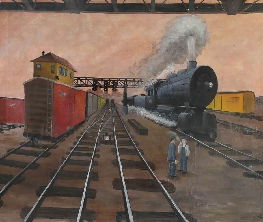 Appraisal: LOUIS WOLCHONOK OIL ON CANVAS TRAINSLouis Wolchonok American New York