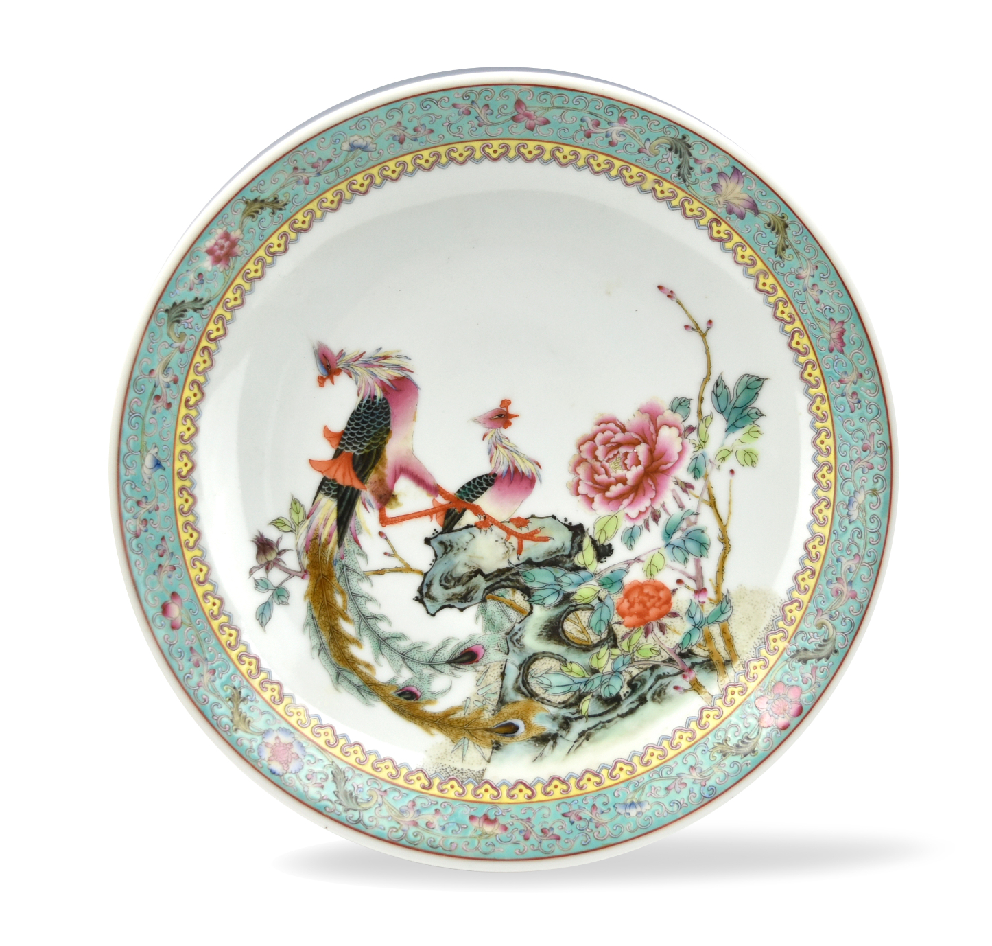 Appraisal: Lavishly painted famille rose plate featuring a pair of pheonix