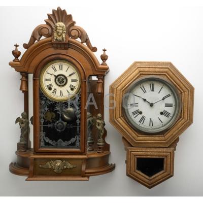 Appraisal: AMERICAN CLOCKS Two late th c Ansonia walnut gingerbread and