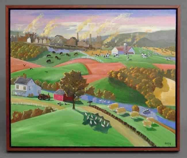 Appraisal: Painting oil on canvas farms and factories signed ''AM ''