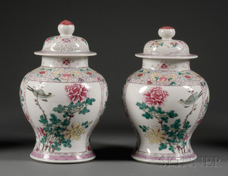 Appraisal: Pair of Porcelain Covered Baluster Jar China th century famille