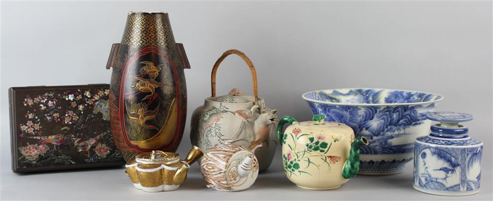 Appraisal: COLLECTION OF SEVEN JAPANESE CERAMICS AND A LAC BERGAUTE BOX