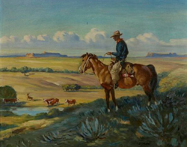 Appraisal: Ray Strang American - Cowboy over the Waterhole signed 'Strang'