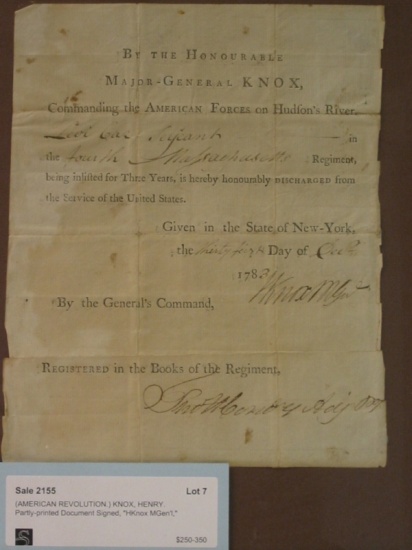 Appraisal: AMERICAN REVOLUTION KNOX HENRY Partly-printed Document Signed HKnox MGen'l a