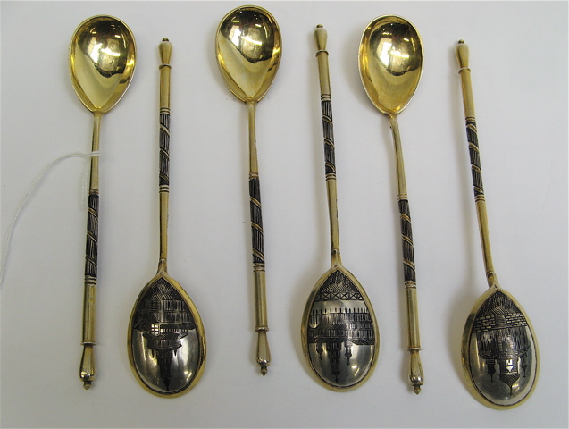 Appraisal: SIX RUSSIAN NIELLO GILT STERLING COFFEE SPOONS The set of