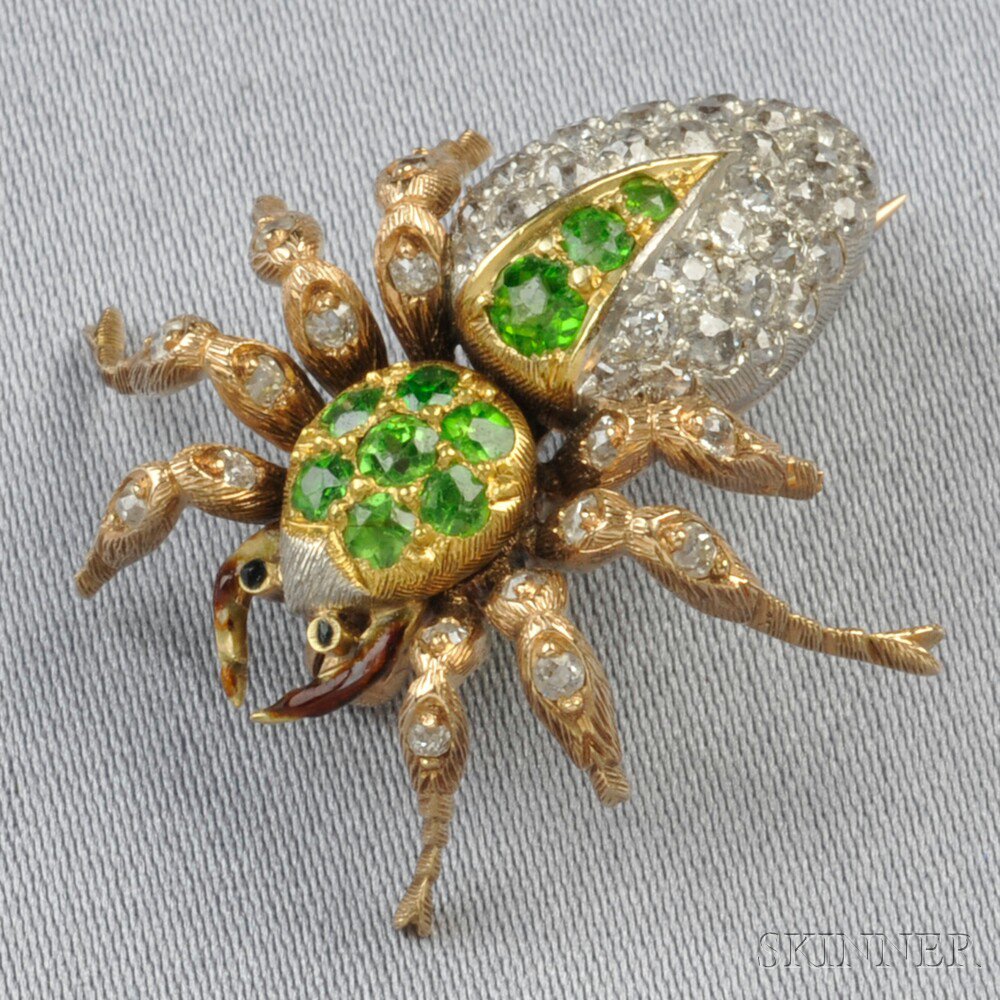 Appraisal: Edwardian Demantoid Garnet and Diamond Spider Brooch the body set