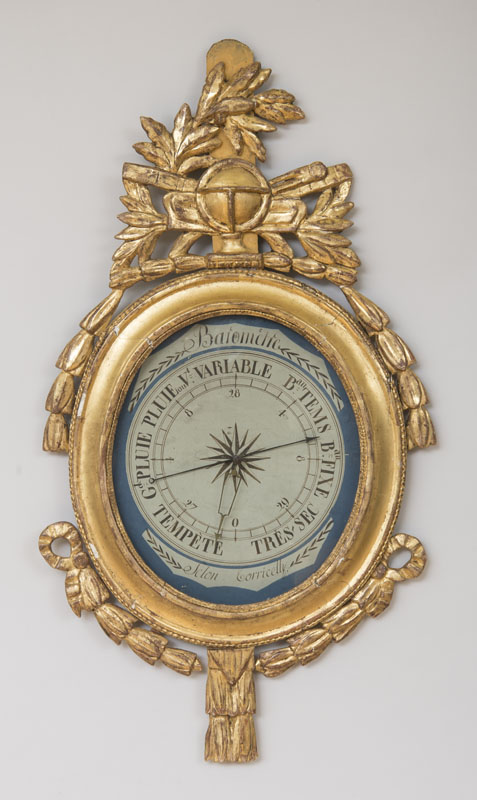 Appraisal: LOUIS XVI GILTWOOD BAROMETER The circular dial signed 'Selon Corricelly'