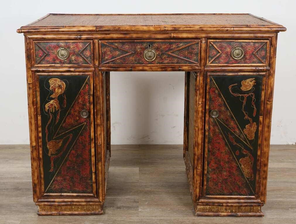 Appraisal: VICTORIAN CHINOISERIE BAMBOO PEDESTAL DESKVictorian Chinoiserie bamboo pedestal desk English