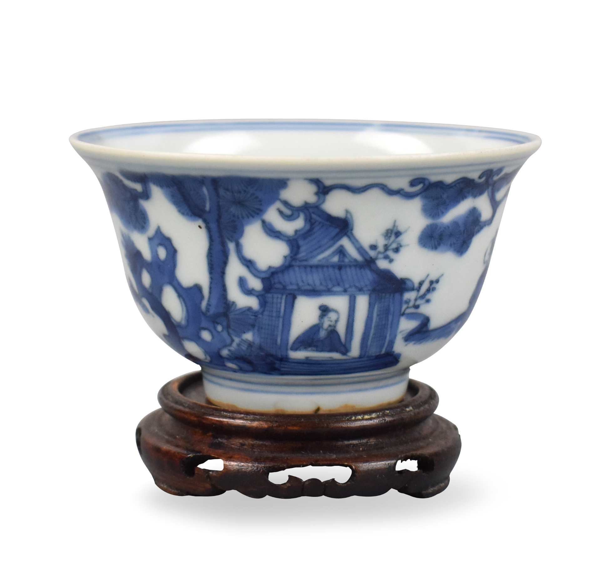 Appraisal: A Chinese blue white figural cup with wooden stand Jiaqing