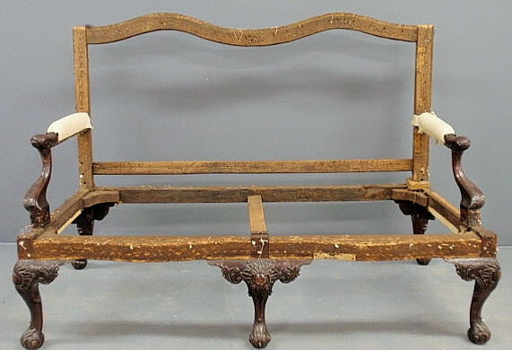 Appraisal: Anglo-Irish Chippendale carved mahogany settee frame c with acanthus carved