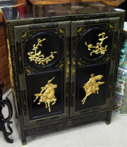 Appraisal: TWO-DOOR BLACK LACQUER SIDE CABINET Chinese th century the sides