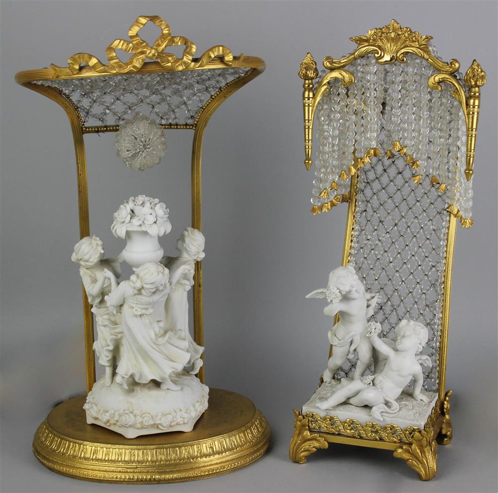 Appraisal: TWO CONTINENTAL GILT BRONZE BEADED GLASS AND BISCUIT TABLE LAMPS